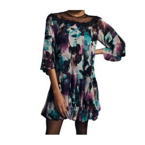 Anthropologie Womens Flutter Sleeve Floral Mini Dress Size Small Multicolor